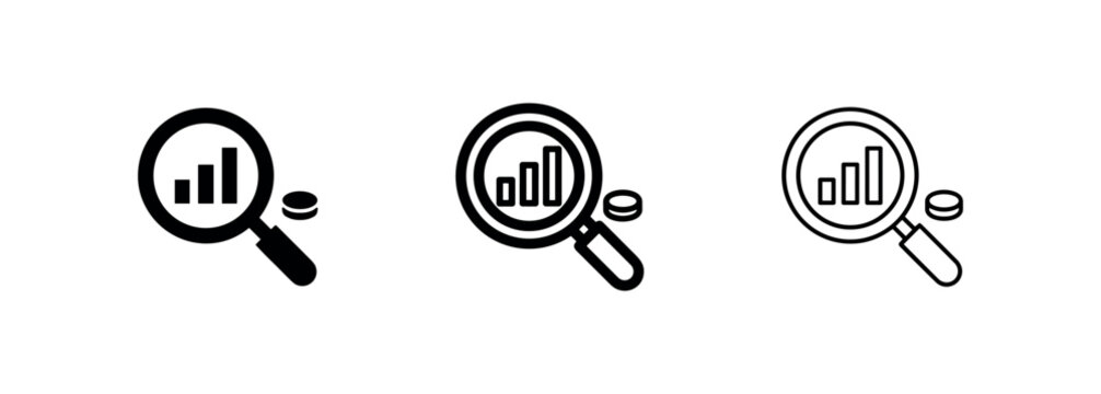 Financial Audit and Data Analysis with Magnifying Glass and Coins Icon Set
