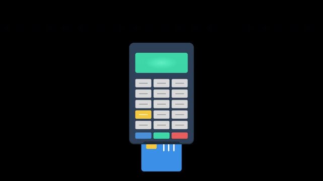 Flat 2D animation showing a card payment terminal and credit card
