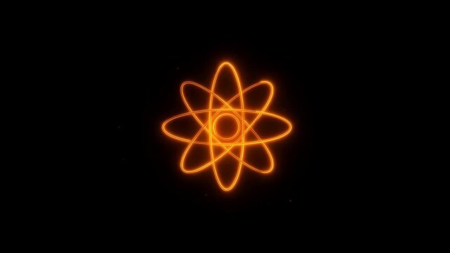 Glowing orange atom symbol rotates against a black background. Science education, physics presentations, and nuclear energy communication.