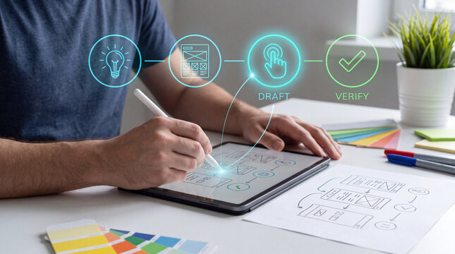 UX engineer turning a hand-drawn sketch into an app flow on a tablet