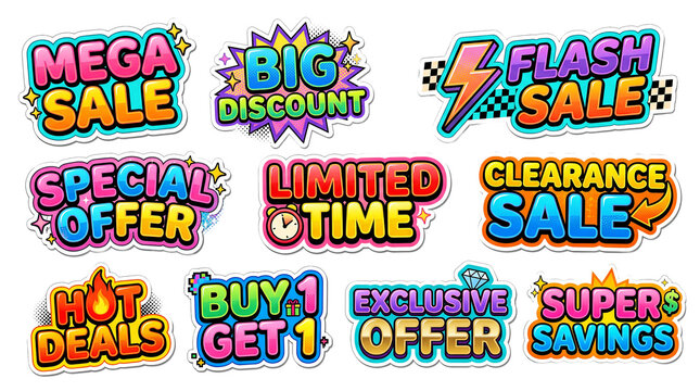 Y2k style ecommerce retail sale typography set,  Mega sale, big discount, flash sale, special offer, limited time, clearance sale, hot deals, buy one get one, exclusive offer, super savings