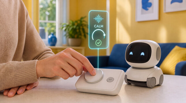 Hand turning a dial on a companion robot calm mode controller