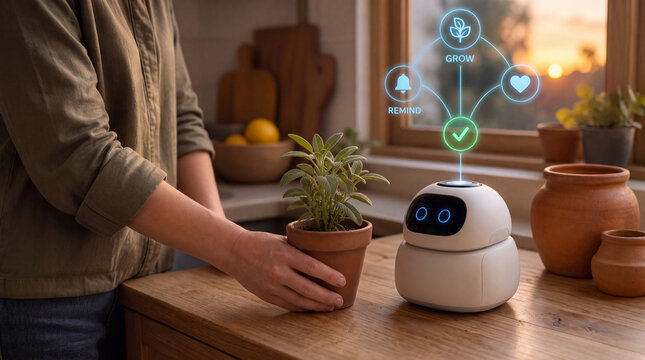 Homeowner placing a potted herb beside a tabletop robot