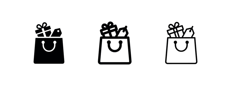 Retail shopping bag with gift box and price tag icon set.