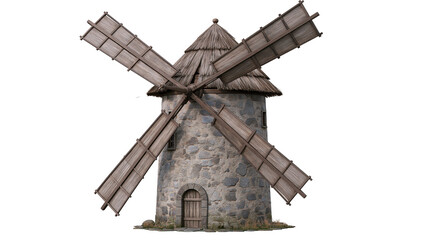 Rustic stone windmill with wooden blades and thatched roof © Lysander