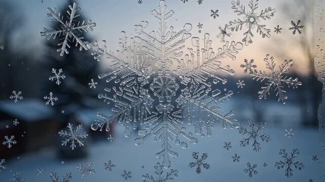 Moving camera drawing focus to central ornate snowflake decal on multi-pane window, revealing frost