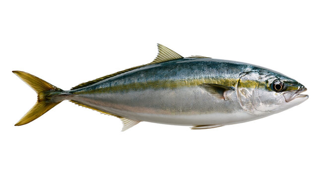 Fresh whole yellowtail amberjack fish with silver scales and yellow stripe