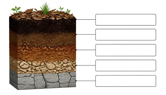 2D vector cross section diagram of soil layers and profile with blank callout boxes, educational geology worksheet template