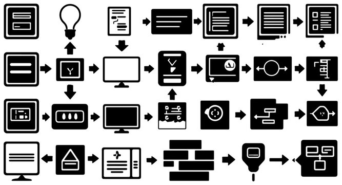 Process Flow Icons Set, Business Workflow Diagrams, Technology Steps, Data Flow Charts, Vector Elements for Presentations and Infographics