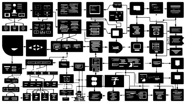 Complex System Flowchart Vector, Business Process Diagram, Data Flow Chart, Technology Workflow Illustration, Black and White Information Architecture