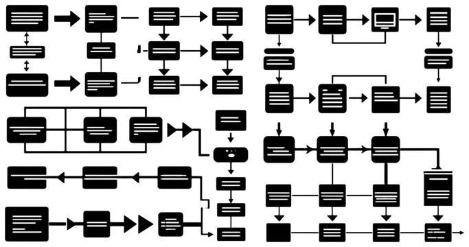 Complex Flowchart Diagrams, Process Steps, Decision Trees, Workflow Charts, Business Logic Systems, Data Flow Sequences, Algorithm Structures, Vector Graphics