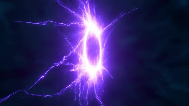 Glowing purple energy ring radiates electrical arcs in a dark atmospheric field before compressing. Technology title sequences, science presentations, and energy campaign graphics.