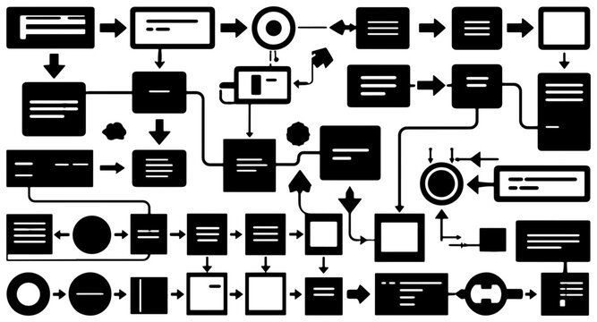 Abstract Flowchart Icons Set, Business Process Diagram Elements, Workflow Logic Symbols, Black and White Vector Graphics for Planning and Organization