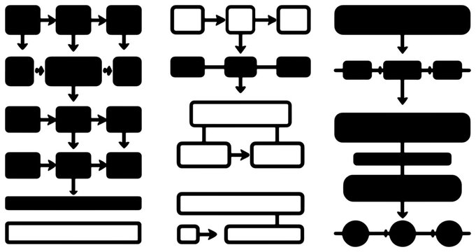 Flowchart Icons Set, Business Process Diagrams, Organization Charts, Workflow Elements, Decision Trees, Data Structures, Step-by-Step Visuals, Black and White Graphic Resources