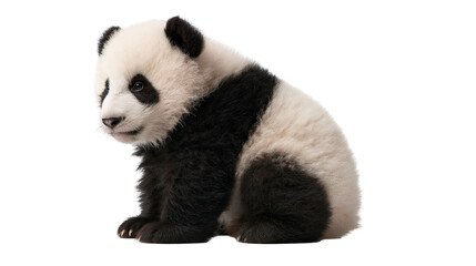 Fluffy baby giant panda cub sitting and looking to the side © Lysander
