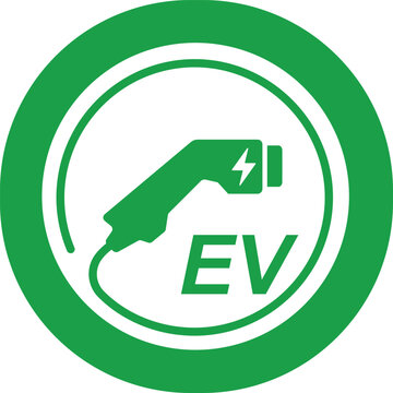 Electric vehicle symbol with a plug icon, EV, charging station logo for eco-friendly hybrid cars, eco-conscious vehicle concept circle.green background