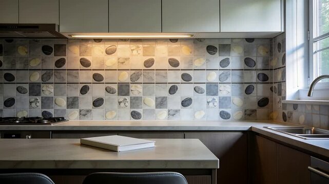 Zooming camera revealing tiled backsplash, book and striplight in home kitchen, daylight shifting
