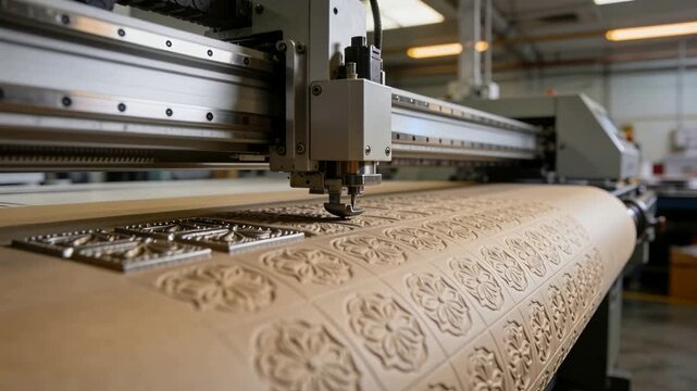 Embossing CNC gantry head moving as feed advances in factory, making floral tiles on kraft roll