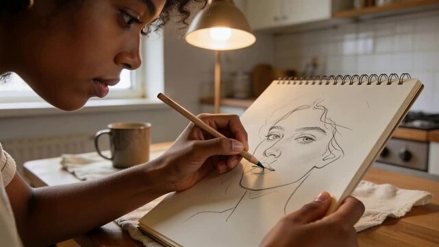 Studying lines, woman in light top sketching portrait at home with pencil and sketchbook