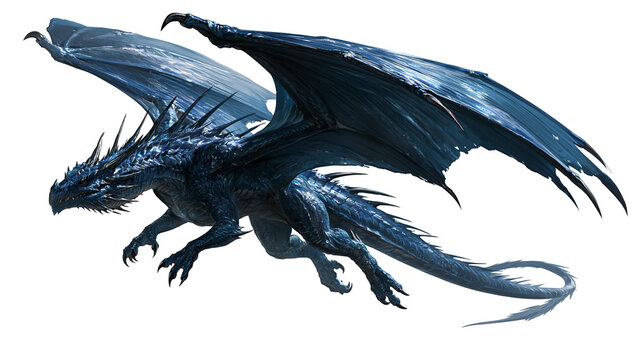 Ferocious dark blue dragon with sharp spikes and large wings in flight