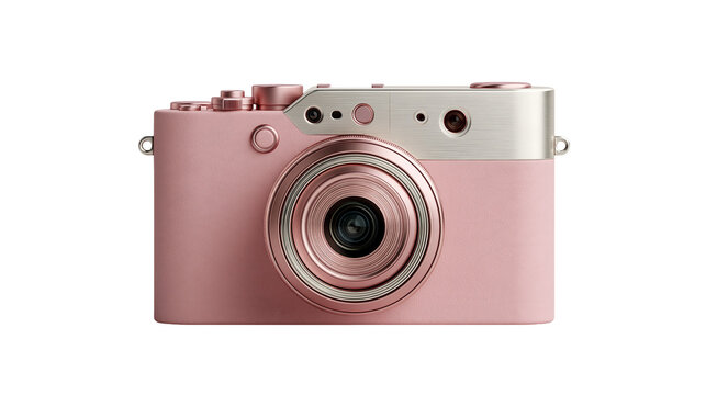 Modern pink and silver compact digital camera with lens