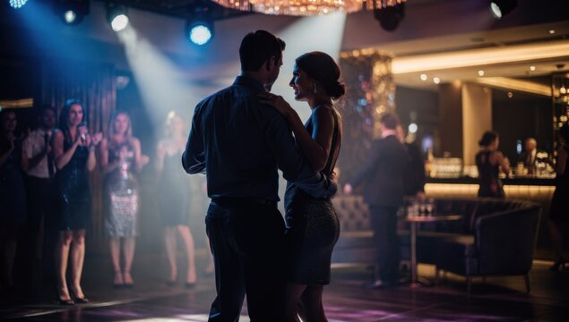 Elegant young couple dancing together closely under spotlight inside chic modern nightclub party.