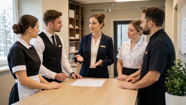 Hotel staff team attending workplace briefing with manager in modern hospitality setting