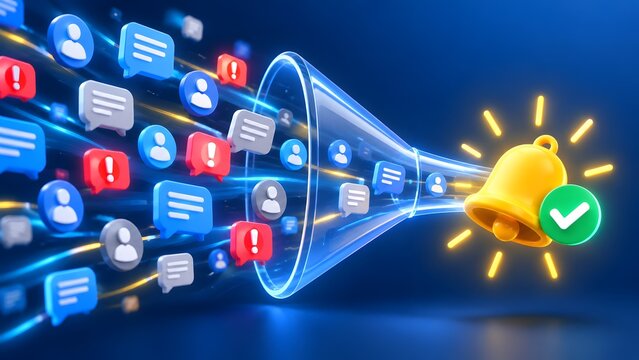 3D digital funnel processing social media message alerts into a single ringing notification bell representing information filtering