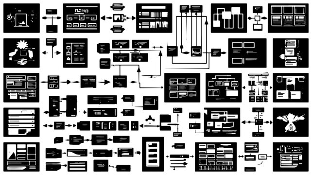 Abstract System Diagrams, Flowcharts, and Process Schematics, 48 Vector Elements for Business and Technology Concepts, Black and White Icons