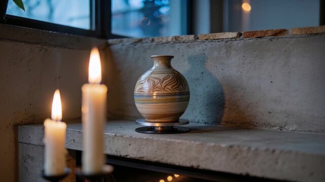 Flickering candle flames shifting vase shadow on concrete mantel by window, warm bokeh glowing