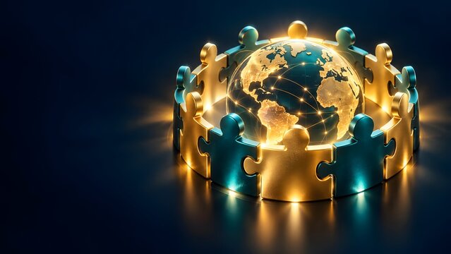 Human shaped puzzle pieces interlocking around glowing earth globe symbolizing global unity and partnership