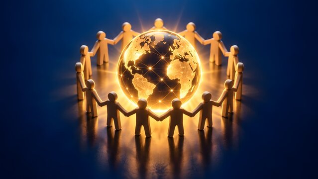 Figures holding hands in circle around glowing golden earth globe representing global unity and teamwork