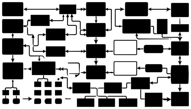 Complex Black and White Flowchart Diagram, Process Workflow System, Data Structure Algorithm, Technical Blueprint Concept