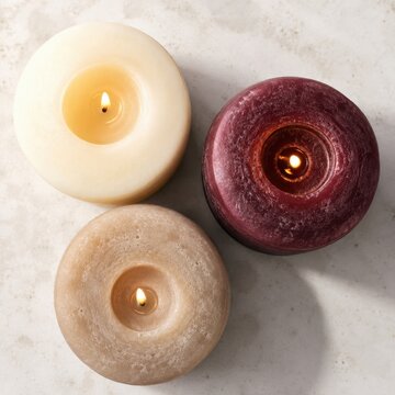 Three burning pillar candles in ivory beige and burgundy viewed from above in warm light