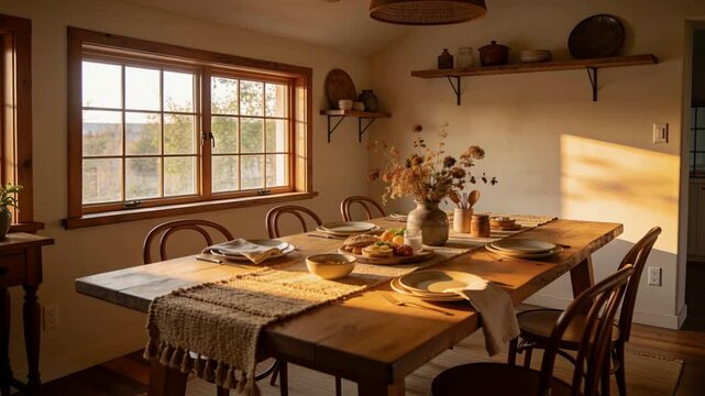 Bathing table in dining room with vase as sunlight through window driving camera pan showing grain