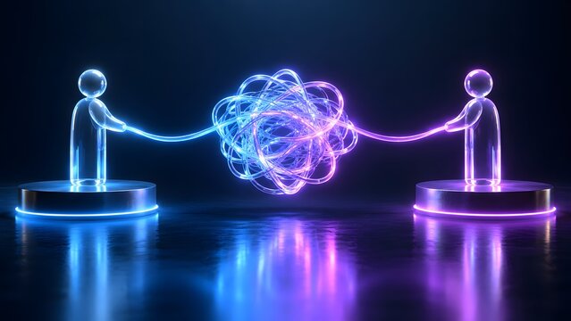 Two glowing transparent figures pulling a tangled knot of blue and purple neon light tubes representing complex network connection