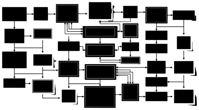 Abstract Black and White Flowchart Diagram, Complex System Process, Data Flow Chart, Business Workflow, Network Structure