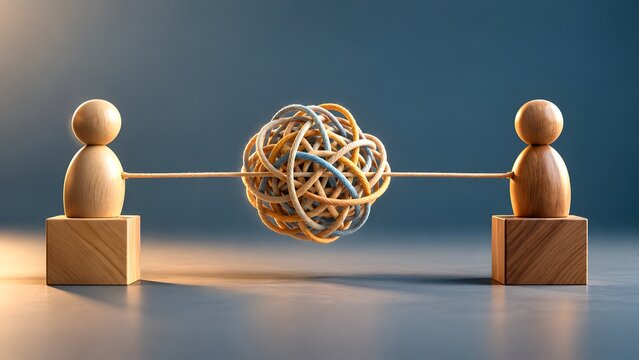 Two wooden figures pulling a colorful tangled knot symbolizing relationship conflict resolution and complicated teamwork problem solving