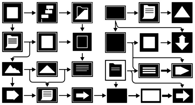 Vector Flowchart Icons Set, Business Process Diagrams, Workflow Steps, Data Flow Charts, Project Management Icons, Algorithm Symbols, Minimalist Black and White Graphics