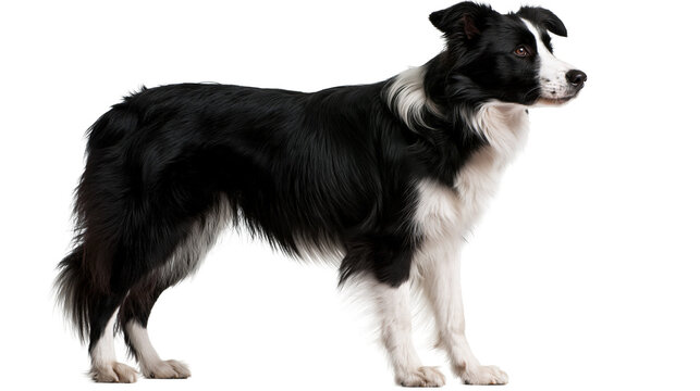 Black and white Border Collie dog standing in profile