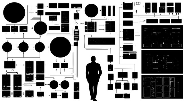 Abstract Flowchart System, Business Process Diagram, Decision Tree Logic, Data Structure Visualization, Complex Algorithm Blueprint, Minimalist Black and White Vector Elements