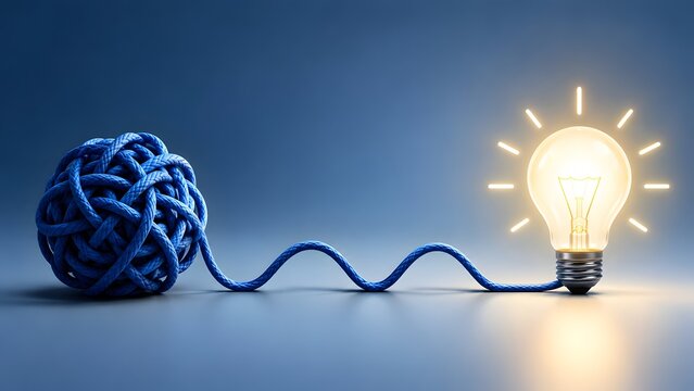Tangled blue rope unraveling into a single line connected to glowing lightbulb symbolizing problem solving