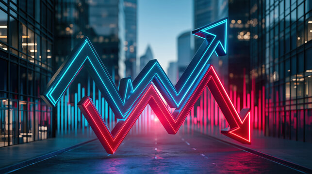 Minimalist line arrow neon graph business growth financial trend blue red light city street modern city glass building abstract background 3d render