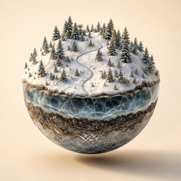 Surreal floating winter island with snowy evergreen forest and frozen layers below