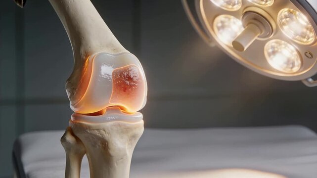 Tilting knee joint model exposing brightening orange lesion as surgical lamp shifts for clinic demo