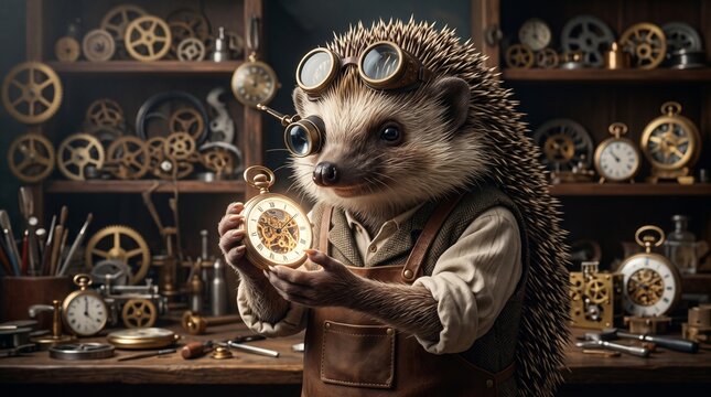 Hedgehog watchmaker or clockmaker wearing goggles holding glowing gear or pocket watch in vintage workshop filled with clockwork gears