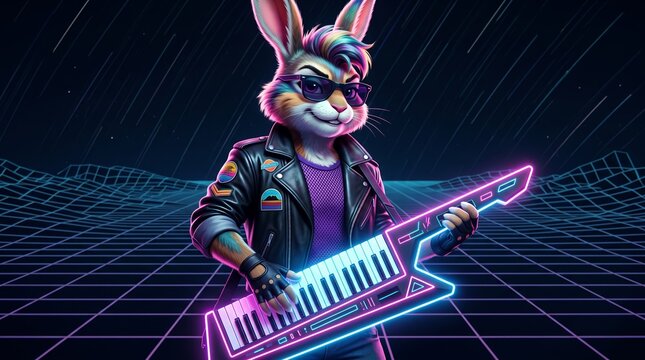 Cyberpunk rabbit musician with keytar synthesizer