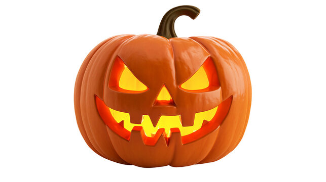 Glowing orange carved jack-o-lantern pumpkin with scary face