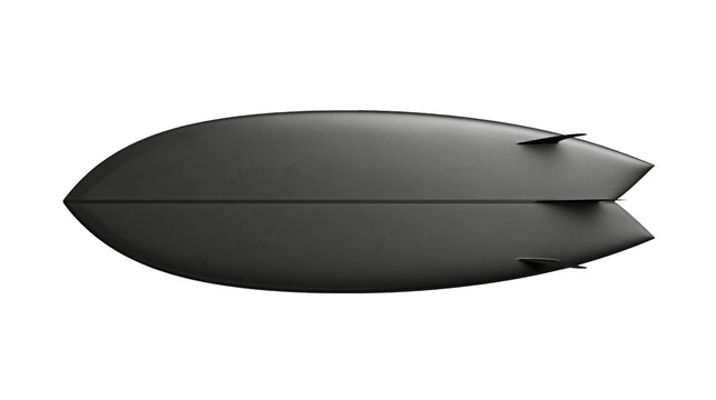 Matte black fish surfboard with twin fins viewed from above