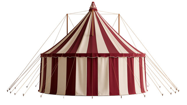 Red and white striped vintage circus tent with conical roof and guy ropes